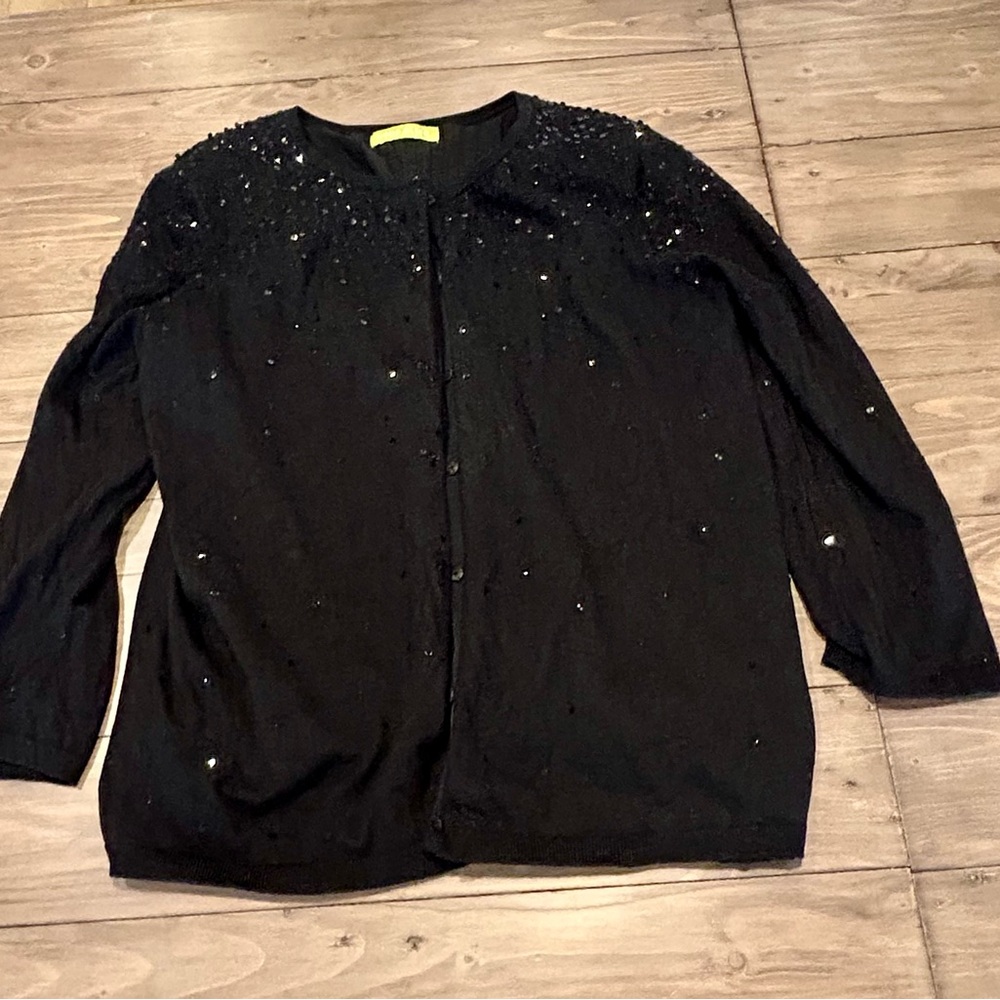 Sigrid Olsen dressy party sweater. Sequin button up black silk lined, size M